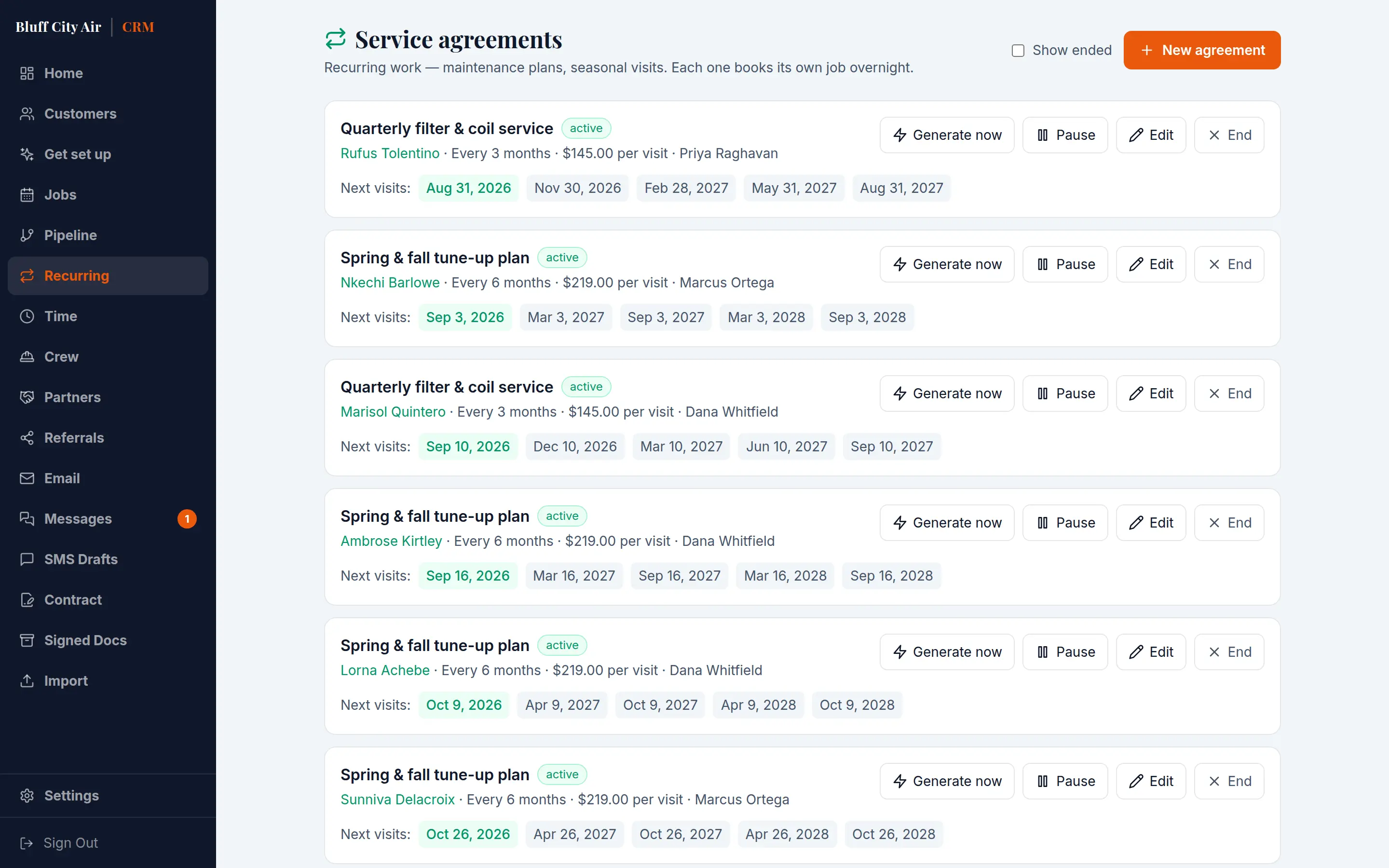 Recurring service agreements, each with its next visit scheduled and the technician assigned.
