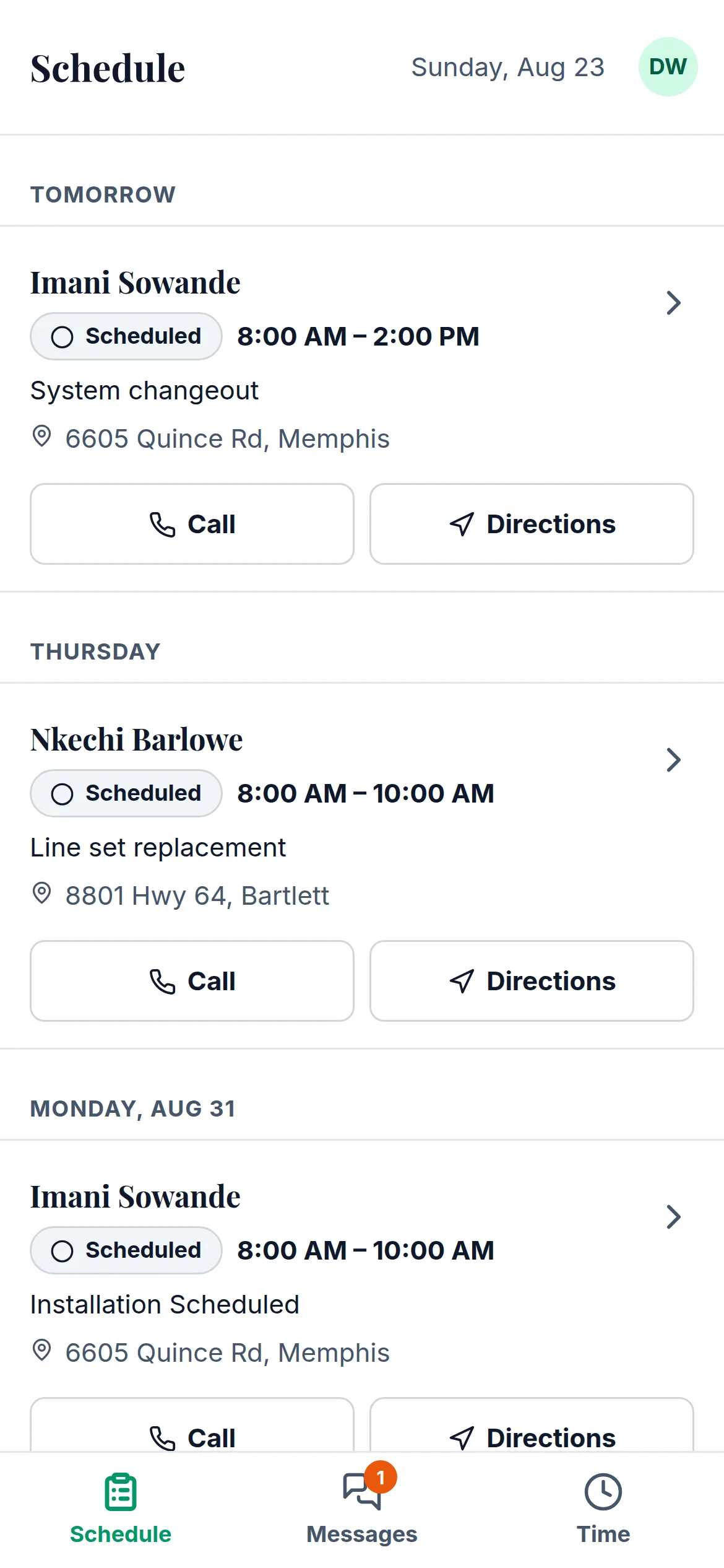 The field app's schedule on a phone, showing the next two weeks of assigned work grouped by day.