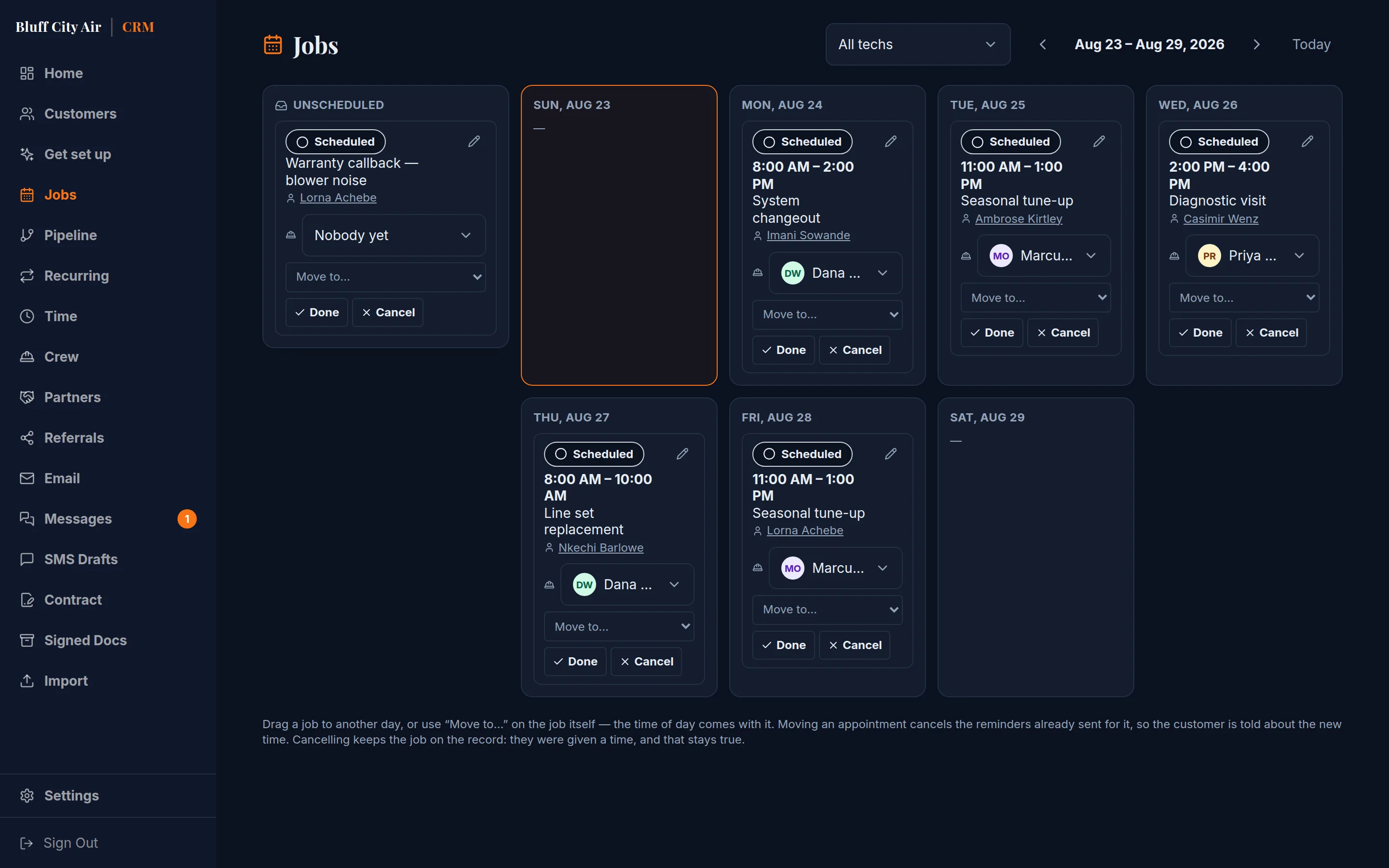 The jobs calendar, showing a fortnight of scheduled work with each visit assigned to a technician.