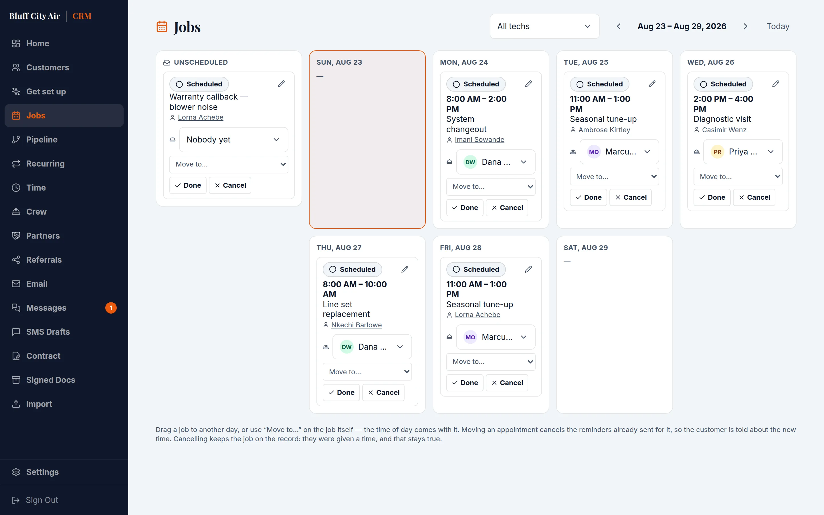 The jobs calendar, showing a fortnight of scheduled work with each visit assigned to a technician.