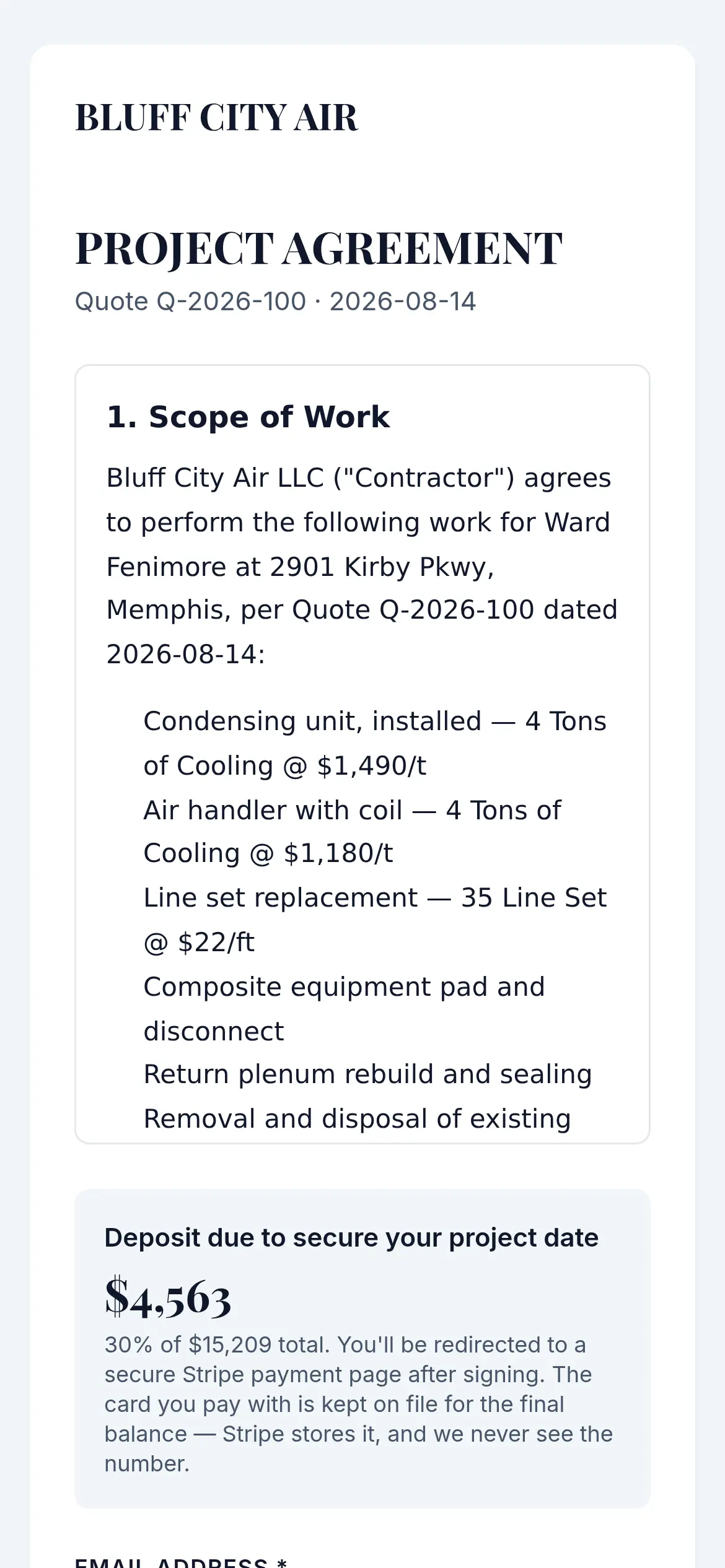 A deposit contract open on a customer's phone, showing the scope of work and the deposit due.
