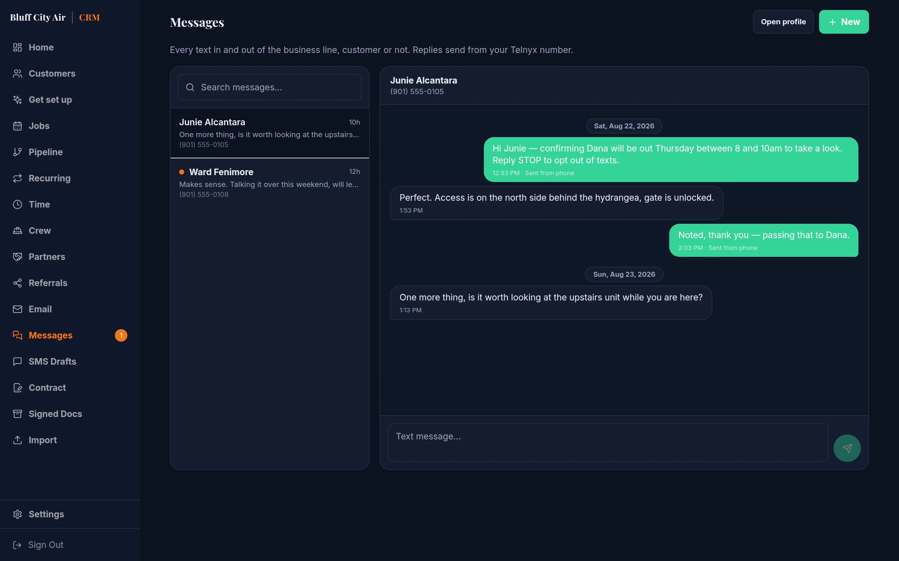 The shared message inbox, with a customer conversation open beside the list of threads.