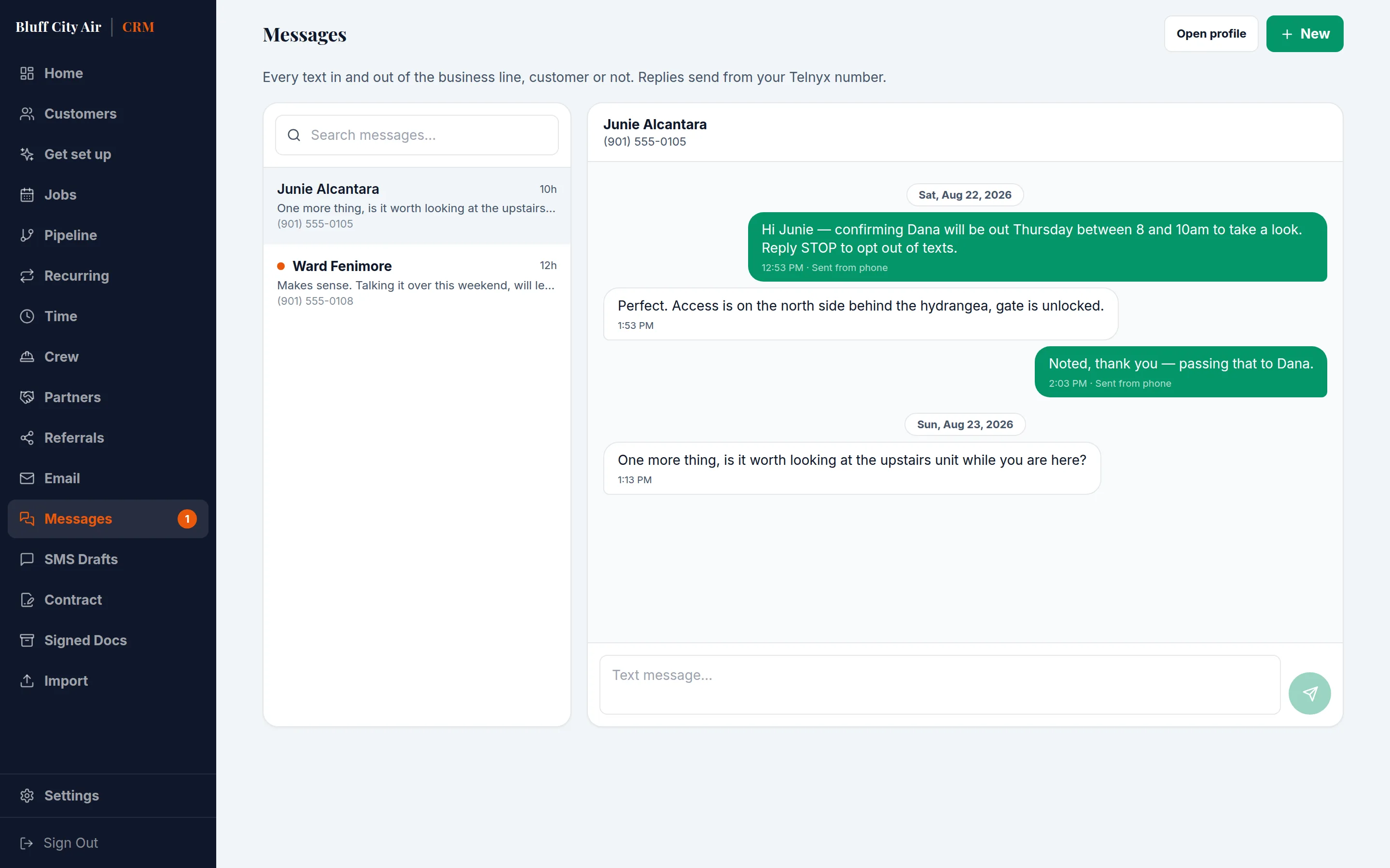 The shared message inbox, with a customer conversation open beside the list of threads.